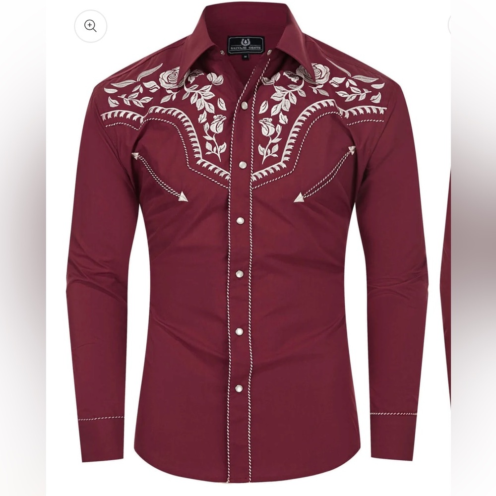 Men's Burgundy Embroidered Dress Shirt